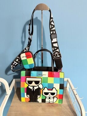 Karl Lagerfeld Multicolor Checkered Tote with Monogram Guitar Strap & Coin Pouch
